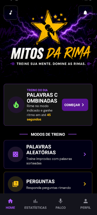 Tela inicial do aplicativo Mitos da Rima